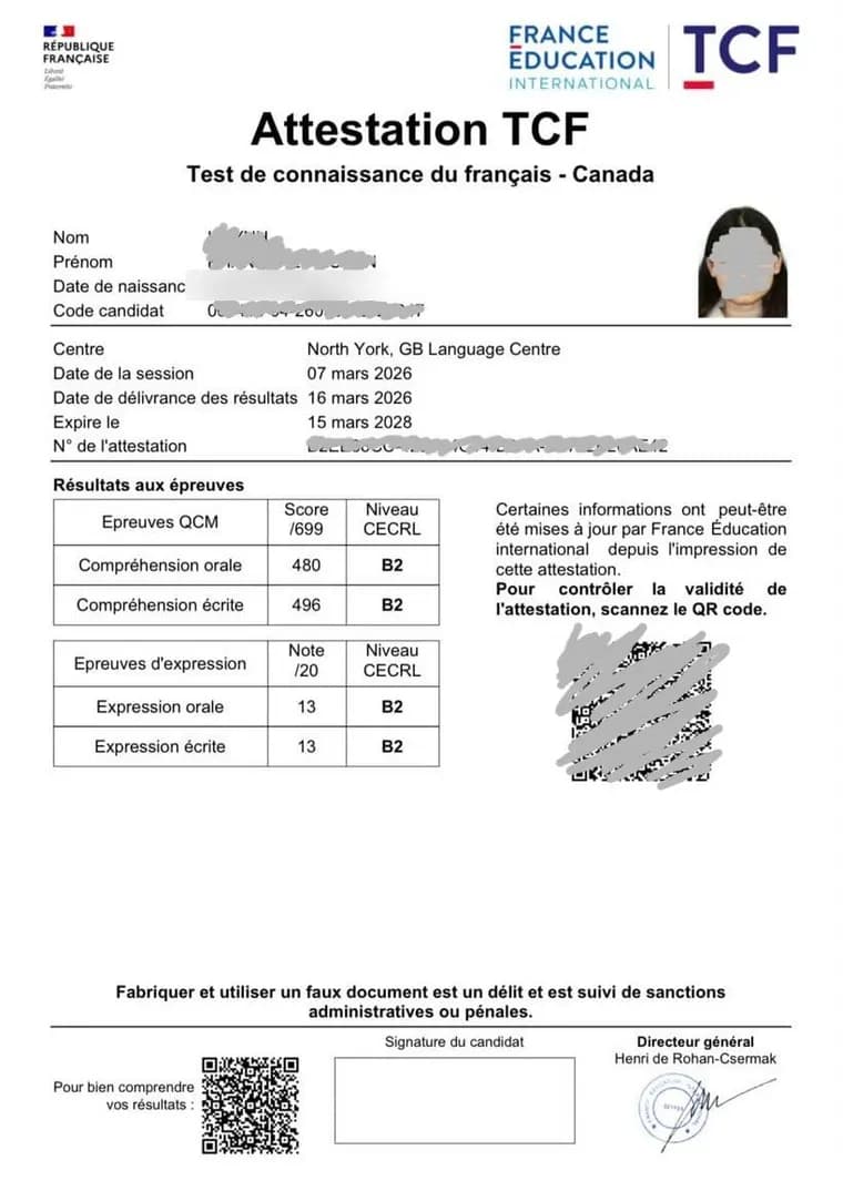 Attestation TCF Canada của học viên đạt B2 cả bốn kỹ năng, thông tin cá nhân đã được che