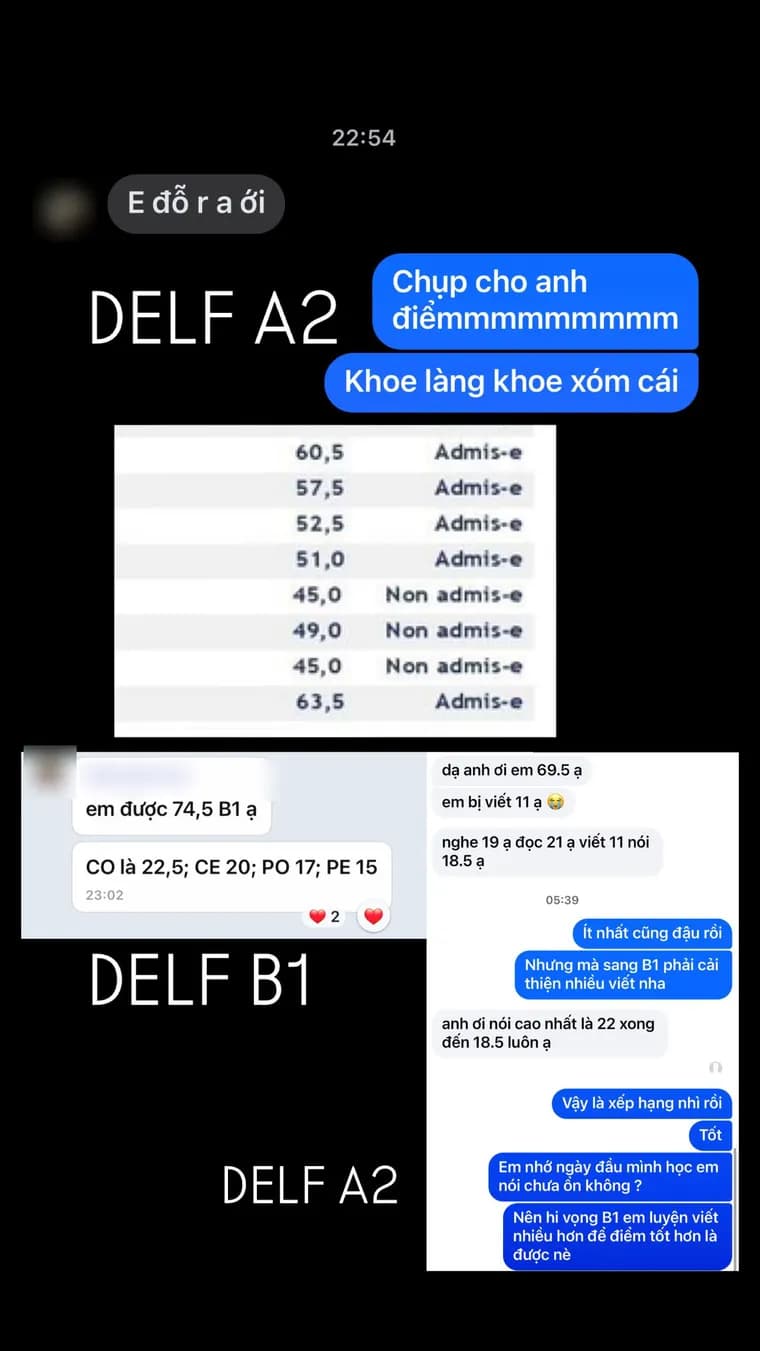 Tổng hợp tin nhắn báo điểm DELF A2 và DELF B1 của học viên