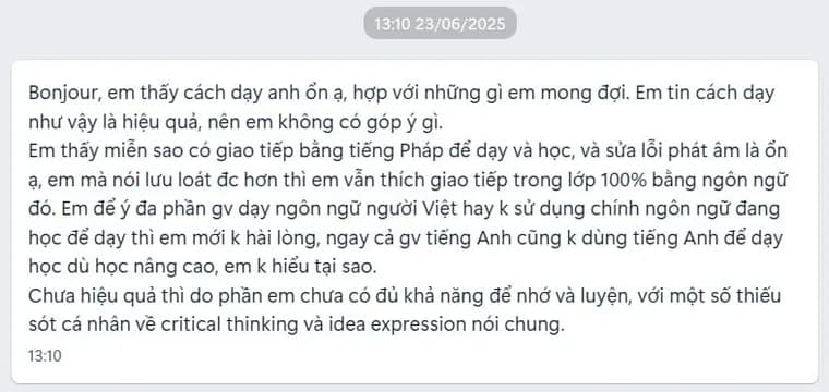 Tin nhắn học viên nhận xét cách dạy