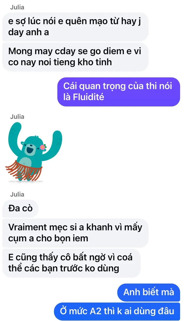 Tin nhắn học viên cảm ơn sau buổi thi Nói