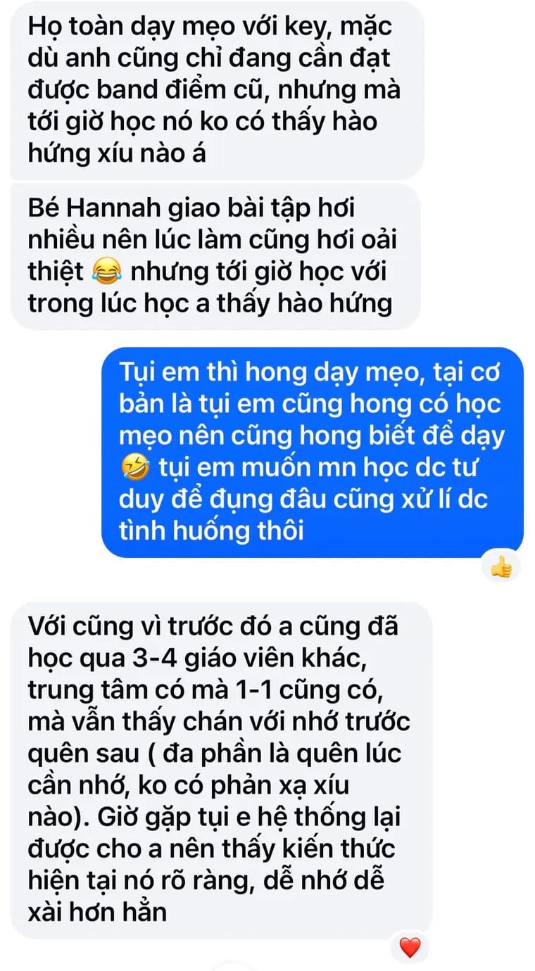 Tin nhắn học viên so sánh Miora với những nơi đã học trước đây
