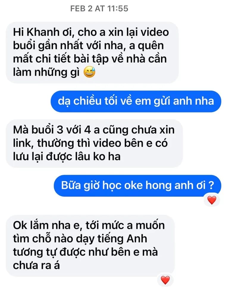 Tin nhắn học viên khen giờ học