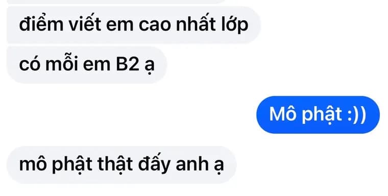 Tin nhắn học viên báo điểm Viết cao nhất lớp, đạt B2