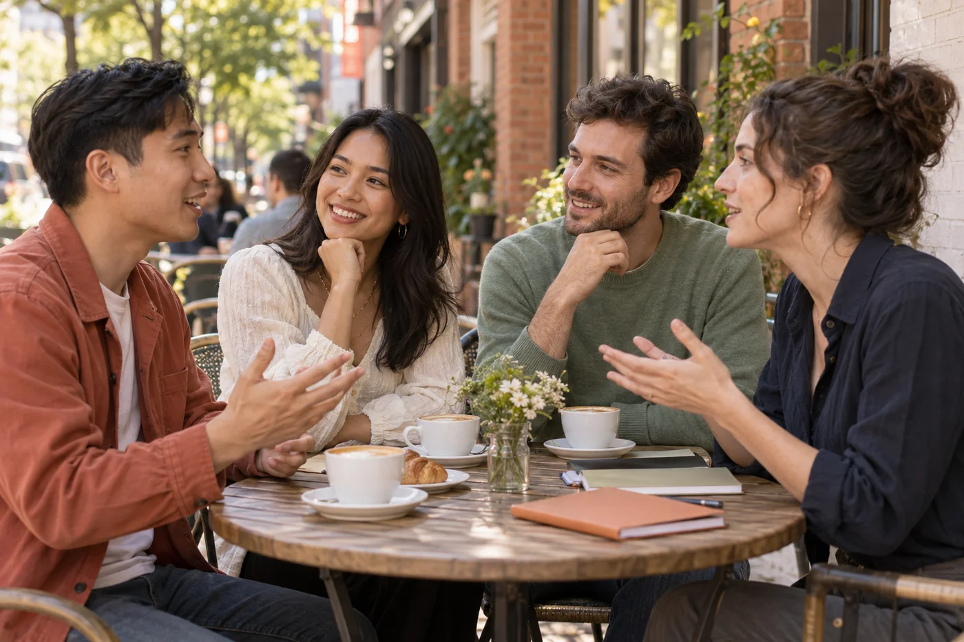 Minh họa nhóm bạn luyện giao tiếp tiếng Pháp tại quán cà phê